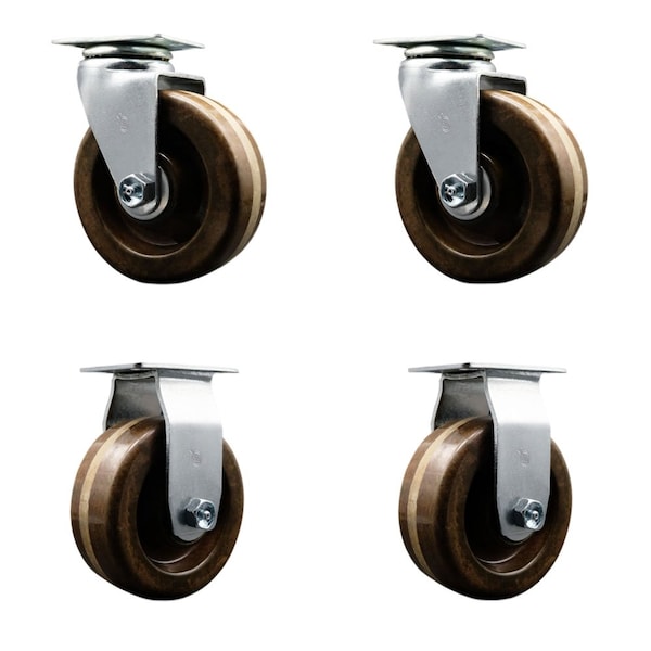5'' High Temp Phenolic Caster Set with Bronze Bearings 2 Swivel 2 Rigid, 4PK